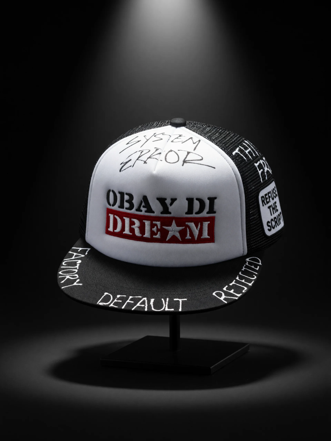 OBAY DI DREAM SYSTEM OVERRIDE SERIES - ARTIFACT SOS.002 MESH  5 PANEL HEAD GEAR PU LEATHER BUCKLE CLOSURE 3D EMBROIDERY LOGO BLACK AND WHITE. 