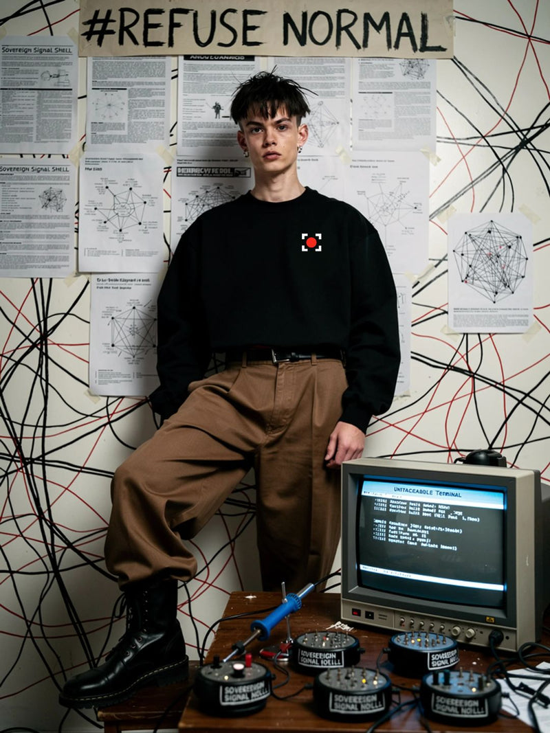 Glass stands centered in his room wearing the boxy black Sovereign Signal Shell, neatly tucked into high-waist brown khakis and black combat boots. He stands beside an untraceable terminal monitor and several stripped Signal Nodes awaiting calibration. The wall behind him is fully mapped with technical briefings and the #REFUSE NORMAL decree.