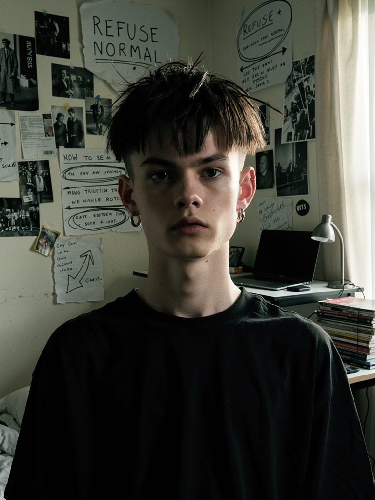 A high-fidelity portrait of Glass in his tactical node, featuring an intense, "awake" expression and messy dark hair. The background wall is a physical data map of the #REFUSE NORMAL signal, linked by hand-drawn lines to show the architecture of his clear sight.