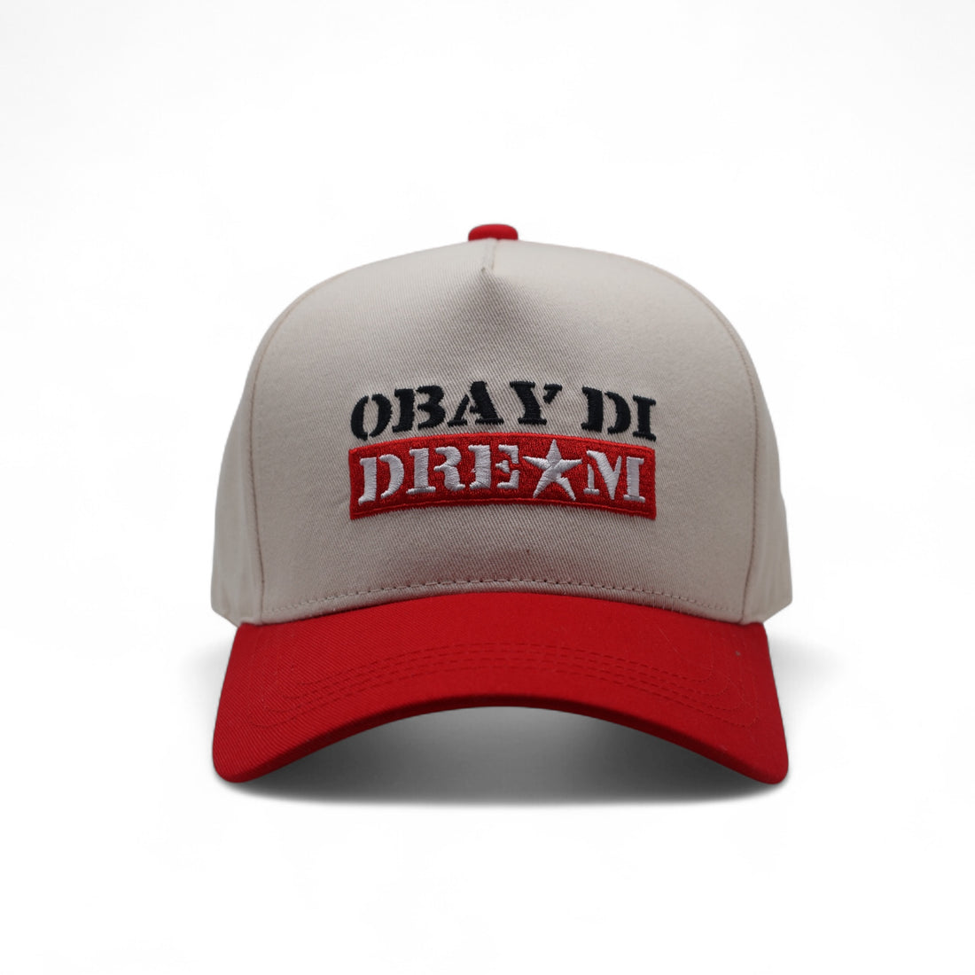 TRUCKER BASEBALL CAP RED AND WHITE WITH LOGO SAYS OBAY DI DREAM 3D EMBROIDERY SNAPBACK