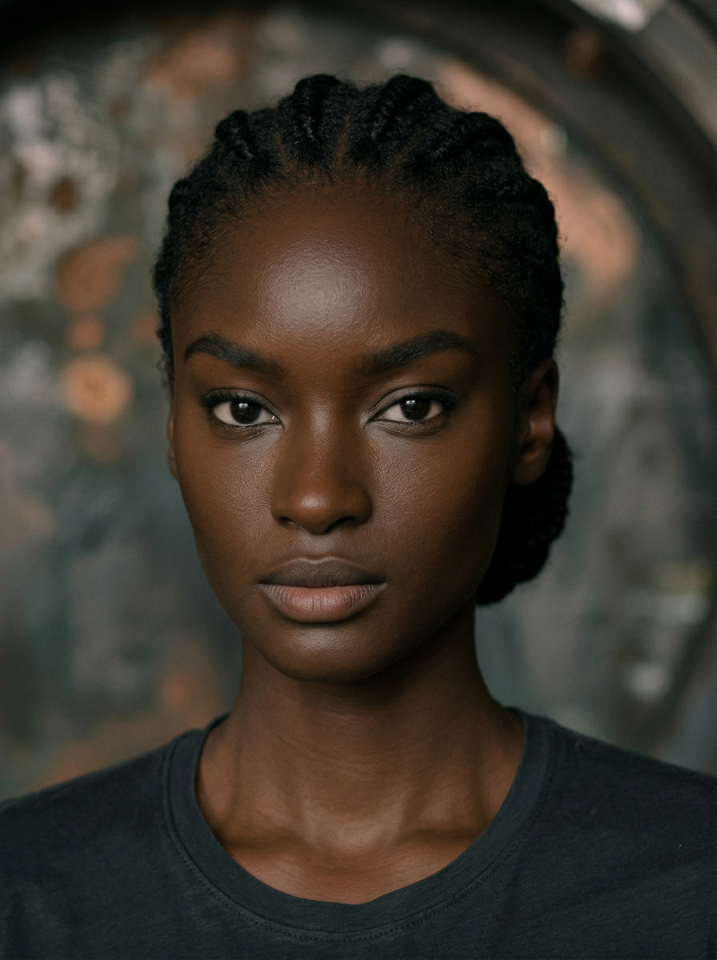 Official archive portrait showing the core likeness of NanI, the Keeper of the Lineage. Her expression is immovable and wise, staring directly through the lens with the authority of the Guardian archetype. Her natural locs are pulled back, highlighting her sharp, ancestral features. She is set against a dark, industrial bunker background with metallic textures, signifying the foundation of the city.