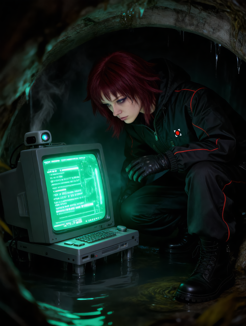 Nya, the Silent Signal, engaged in a high-priority data extraction within the brutalist infrastructure of the Low Canals. She is protected by the full-zip, black Sovereign Signal Shell featuring the signature red piping and left-chest embroidery. The environment is saturated with flickering green Abeng code from multiple CRT monitors, reflecting off the damp concrete of the vault.