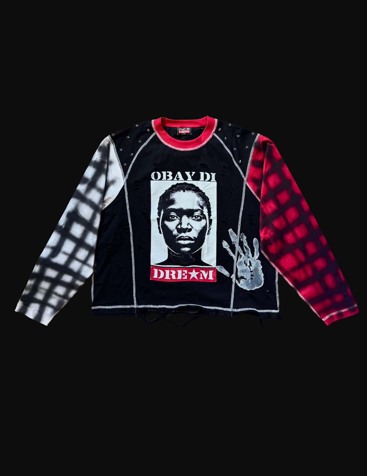 OBAY DI DREAM FLAT LAY 265 GSM COTTON JERSEY CROPPED BOXY LONG SLEEVE ARTIFACT WITH GRIDE LINES PAINT ON BOTH SLEEVE. STAR RIVETS STUD HAND PLACED ON TOP 
