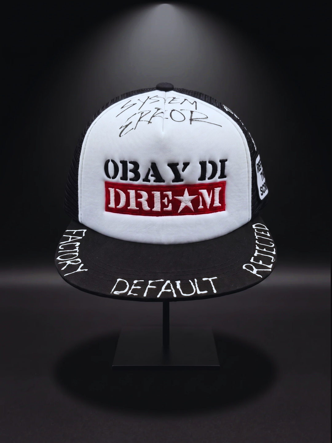 OBAY DI DREAM SYSTEM OVERRIDE SERIES - ARTIFACT SOS.002 MESH  5 PANEL HEAD GEAR PU LEATHER BUCKLE CLOSURE 3D EMBROIDERY LOGO BLACK AND WHITE. 