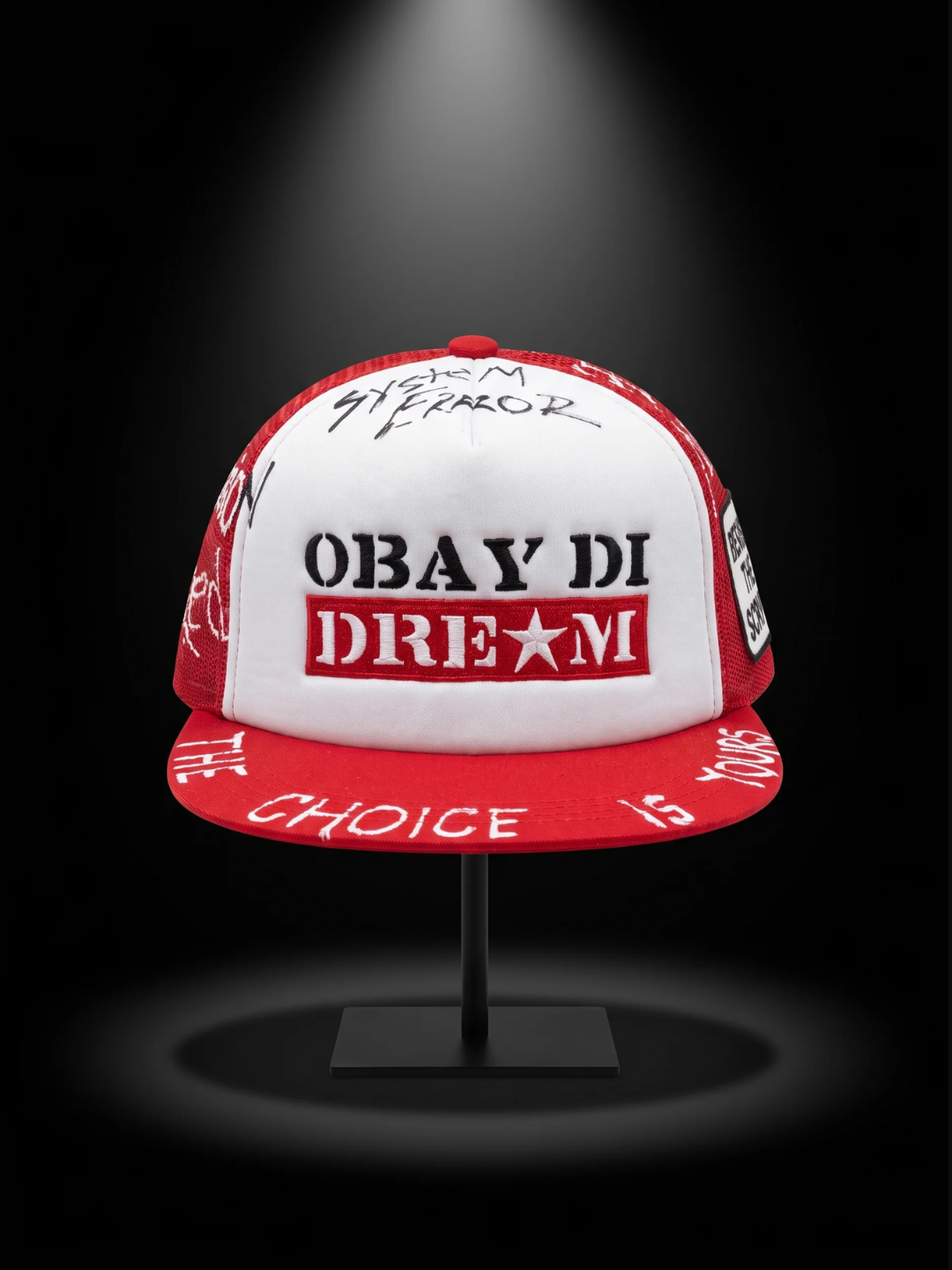 OBAY DI DREAM SYSTEM OVERRIDE SERIES - ARTIFACT SOS.01 MESH HEAD GEAR PU LEATHER BUCKLE CLOSURE 3D EMBROIDERY LOGO RED AND WHITE