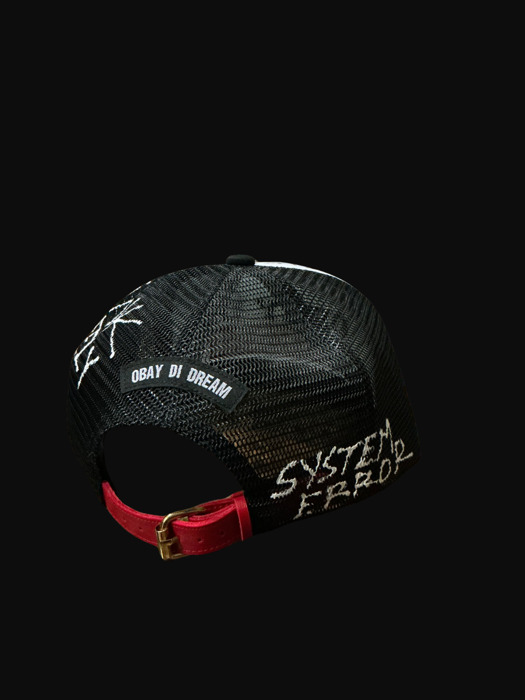 OBAY DI DREAM SYSTEM OVERRIDE SERIES - ARTIFACT SOS.002 MESH  5 PANEL HEAD GEAR PU LEATHER BUCKLE CLOSURE 3D EMBROIDERY LOGO BLACK AND WHITE BACK VIEW PU LEATHER BUCKLE STRAP CLOSURE