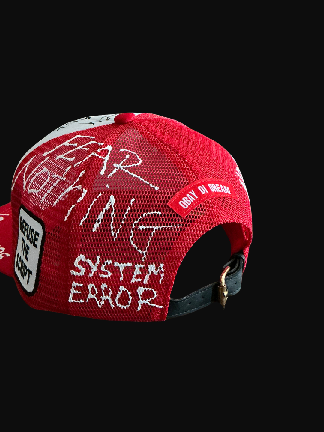 OBAY DI DREAM SYSTEM OVERRIDE SERIES - ARTIFACT SOS.01 MESH 5 PANEL HEAD GEAR PU LEATHER BUCKLE CLOSURE 3D EMBROIDERY LOGO RED AND WHITE SIDE VIEW 100% POLYESTER MESH