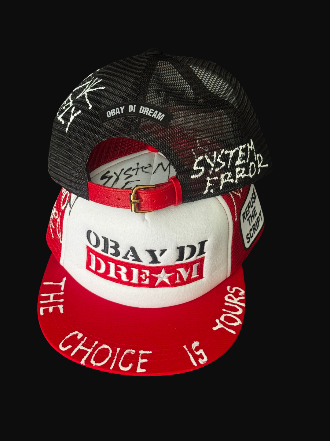 OBAY DI DREAM SYSTEM OVERRIDE SERIES - ARTIFACT SOS.01 MESH 5 PANEL HEAD GEAR PU LEATHER BUCKLE CLOSURE 3D EMBROIDERY LOGO RED AND WHITE SIDE VIEW 100% POLYESTER MESH FRONT AND BACK VIEW