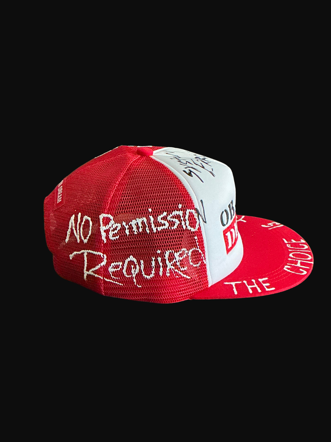 OBAY DI DREAM SYSTEM OVERRIDE SERIES - ARTIFACT SOS.01 MESH HEAD GEAR PU LEATHER BUCKLE CLOSURE 3D EMBROIDERY LOGO RED AND WHITE SIDE VIEW.