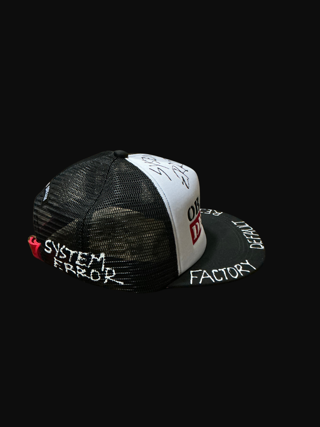 OBAY DI DREAM SYSTEM OVERRIDE SERIES - ARTIFACT SOS.002 MESH  5 PANEL HEAD GEAR PU LEATHER BUCKLE CLOSURE 3D EMBROIDERY LOGO BLACK AND WHITE. 