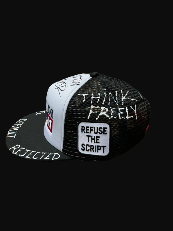 OBAY DI DREAM SYSTEM OVERRIDE SERIES - ARTIFACT SOS.02 MESH  5 PANEL HEAD GEAR PU LEATHER BUCKLE CLOSURE 3D EMBROIDERY LOGO BLACK AND WHITE SIDE VIEW