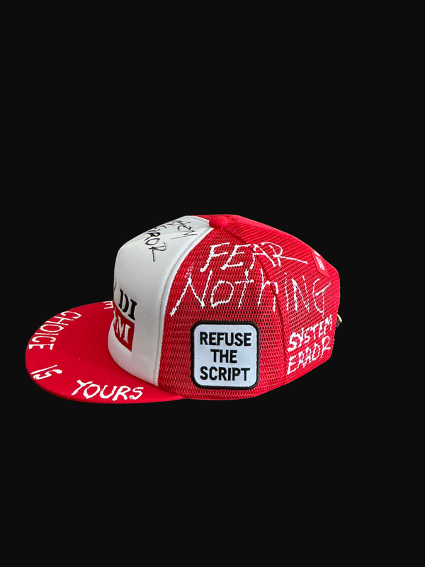 OBAY DI DREAM SYSTEM OVERRIDE SERIES - ARTIFACT SOS.01 MESH HEAD GEAR PU LEATHER BUCKLE CLOSURE 3D EMBROIDERY LOGO RED AND WHITE SIDE VIEW WITH REFUSE THE SCRIPT PATCH EMBROIDERY.