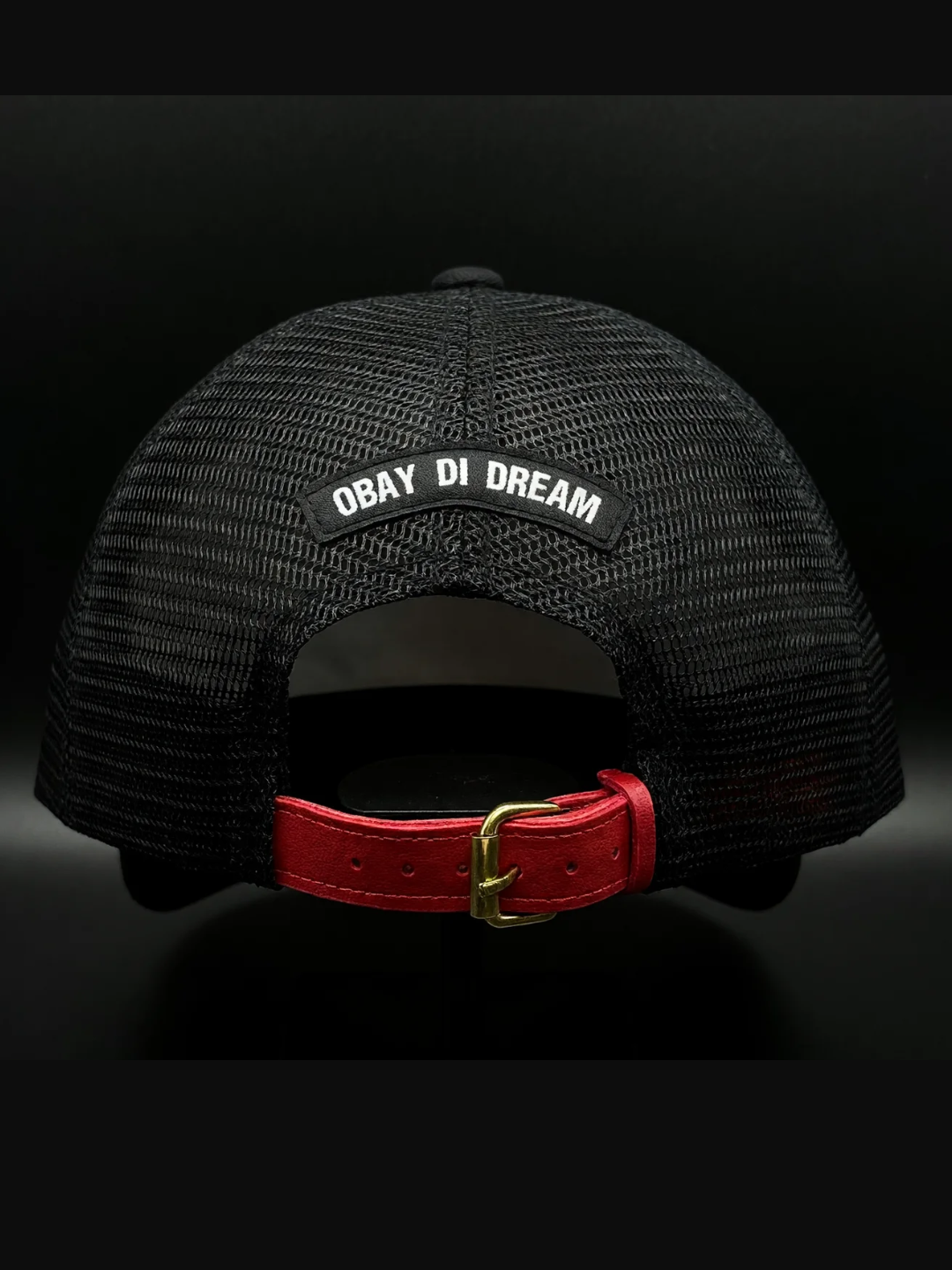 OBAY DI DREAM FACTORY DEFAULT - ARTIFACT FD.02 MESH 5 PANEL HEAD GEAR PU LEATHER BUCKLE CLOSURE 3D EMBROIDERY LOGO BLACK AND WHITE BACK VIEW PU LEATHER BUCKLE ADJUSTABLE CLOSURE