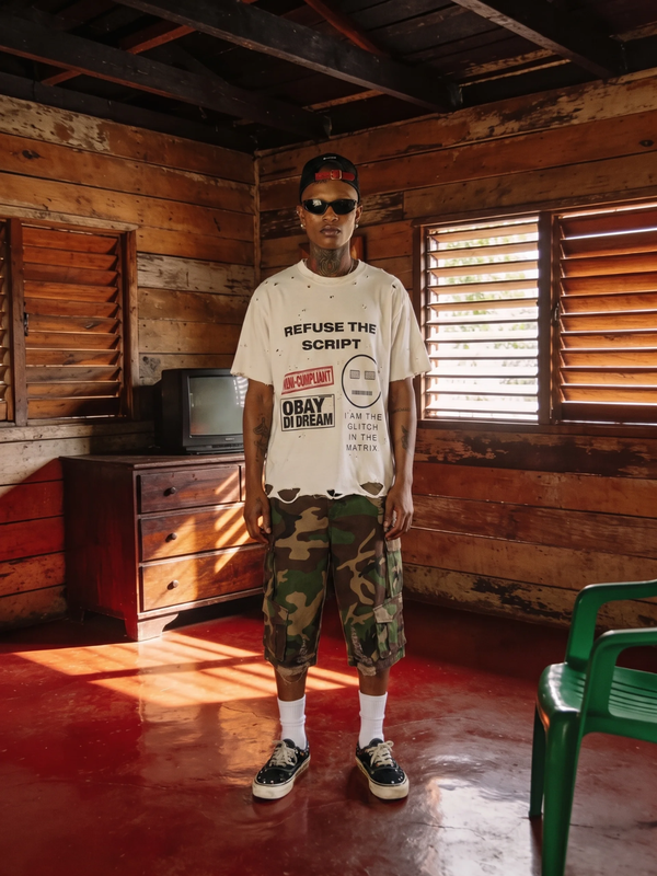 OBAY DI DREAM MODEL STANDING INSIDE A JAMAICAN HOME WEARING A 260 GSM OFF WHOTE DISTRESSED GARMENT CALLED THE REFUSE THE SCRIPT OUTER SHELL GHOST.