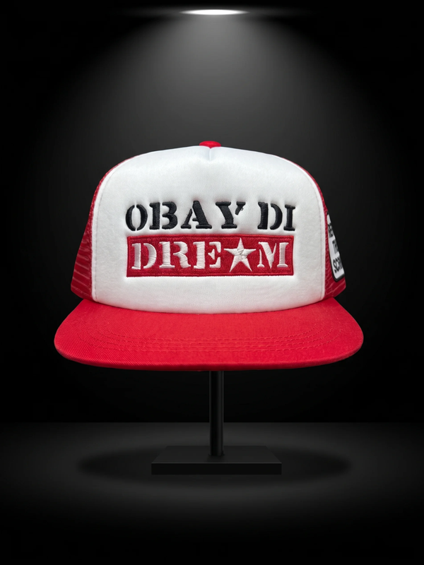 OBAY DI DREAM FACTORY DEFAULT - ARTIFACT FD.02 MESH 5 PANEL HEAD GEAR PU LEATHER BUCKLE CLOSURE 3D EMBROIDERY LOGO RED AND WHITE