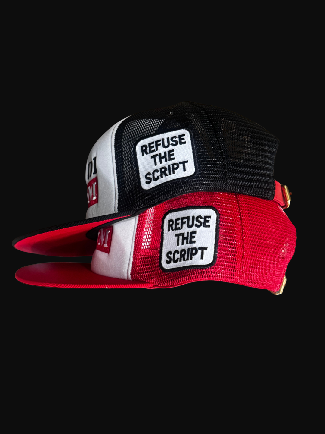 OBAY DI DREAM FACTORY DEFAULT - ARTIFACT FD.02 MESH 5 PANEL HEAD GEAR PU LEATHER BUCKLE CLOSURE 3D EMBROIDERY LOGO BLACK AND WHITE AND RED AND WHITE SIDE VIEW