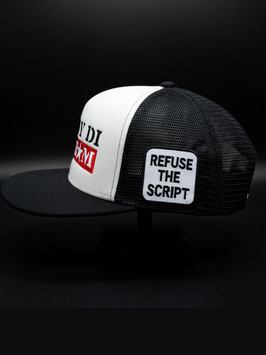 OBAY DI DREAM FACTORY DEFAULT - ARTIFACT FD.02 MESH 5 PANEL HEAD GEAR PU LEATHER BUCKLE CLOSURE 3D EMBROIDERY LOGO BLACK AND WHITE SIDE VIEW