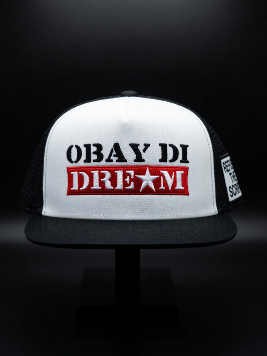 OBAY DI DREAM FACTORY DEFAULT - ARTIFACT FD.02 MESH 5 PANEL HEAD GEAR PU LEATHER BUCKLE CLOSURE 3D EMBROIDERY LOGO BLACK AND WHITE