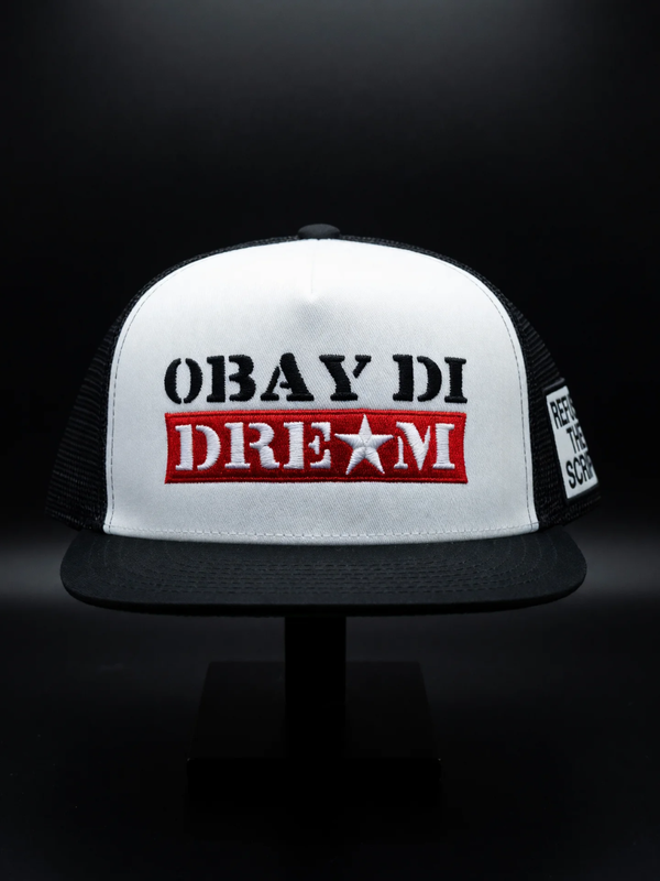 OBAY DI DREAM FACTORY DEFAULT - ARTIFACT FD.02 MESH 5 PANEL HEAD GEAR PU LEATHER BUCKLE CLOSURE 3D EMBROIDERY LOGO BLACK AND WHITE