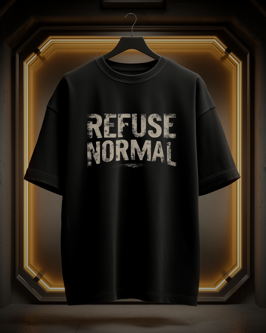 OBAY DI DREAM Refuse Normal artifact t-shirt hanging in a golden-lit display frame, showing distressed creame lettering says "refuse normal" on black fabric.