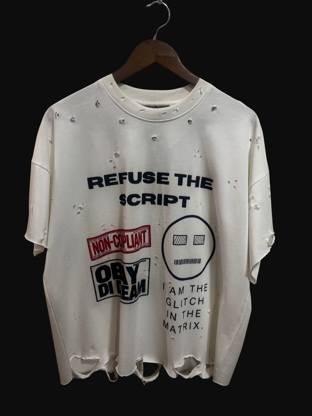 OBAY DI DREAM Artifact 018.5 Refuse The Script outer shell Ghost distressed off-white front view heavyweight cotton front flat lay.