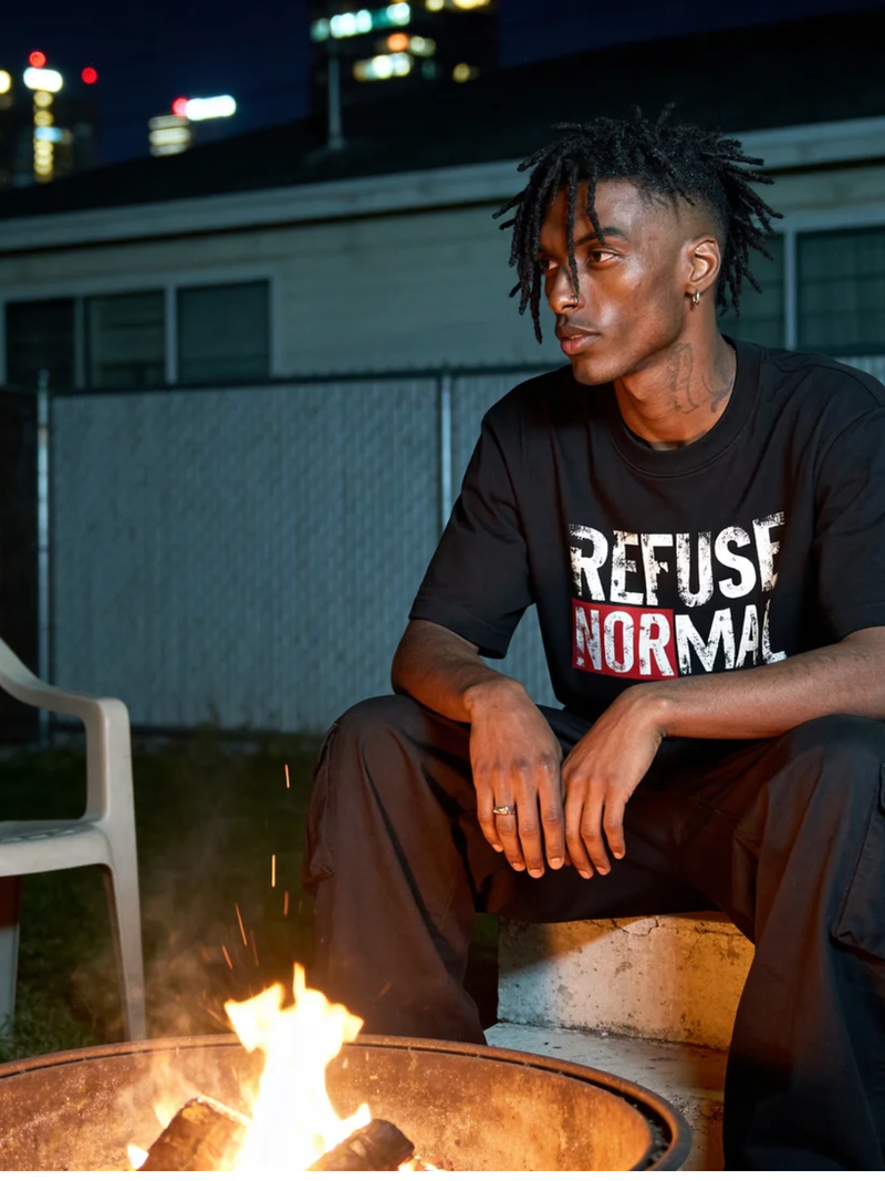 The character Glitch seated outdoors near a fire, wearing the black 'Refuse Normal' artifact. A visual representation of a citizen in the Maroon City territory detoxing from the noise of the system.