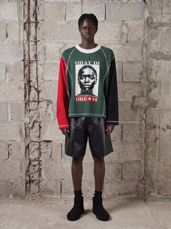 Model wearing OBAY DI DREAM Artifact 022, Sovereign State of Mind wearable art front view