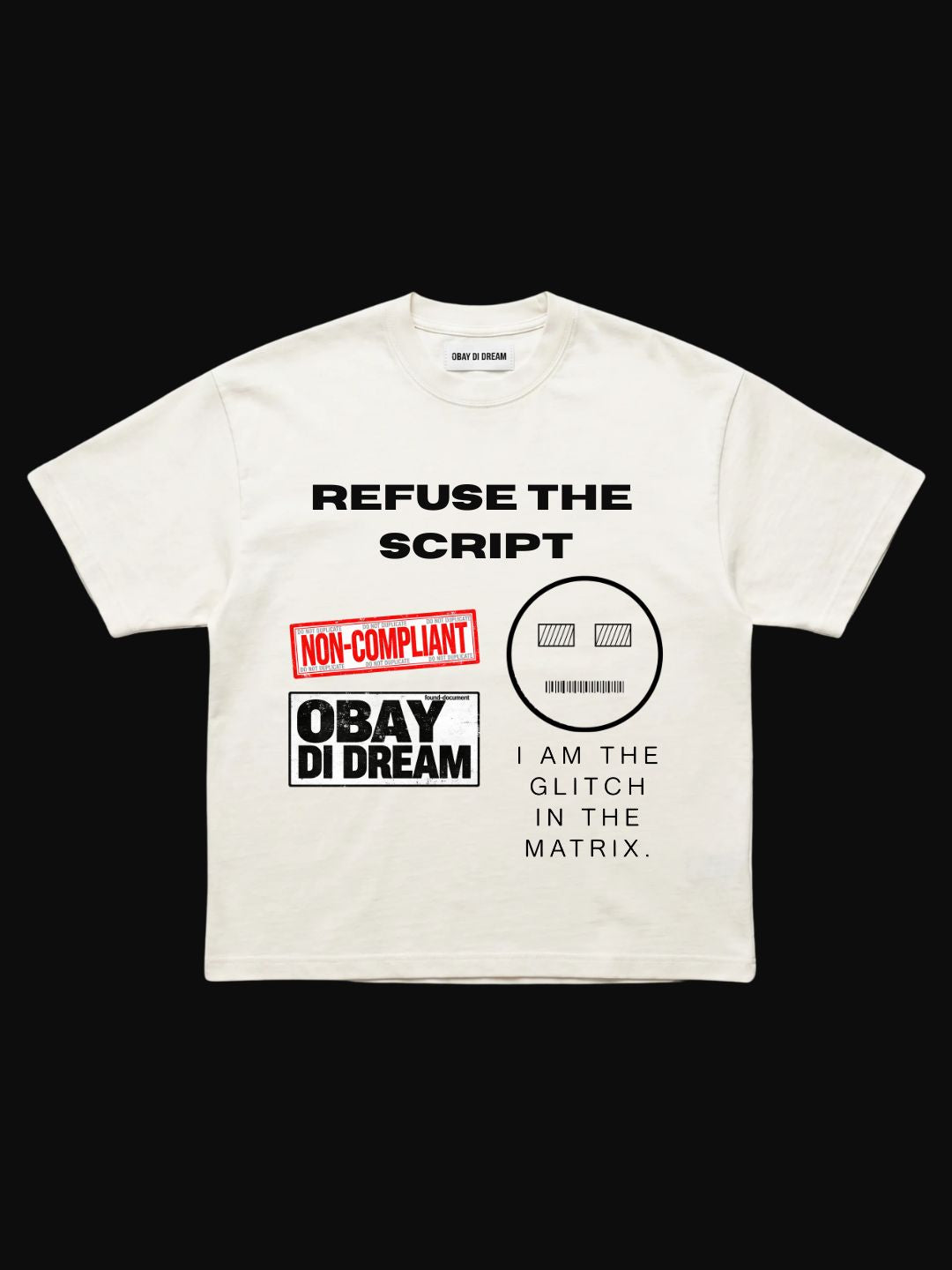 ODD Artifact 018 Refuse The Script outer shell ghost off-white heavyweight cotton front flat lay — OBAY DI DREAM