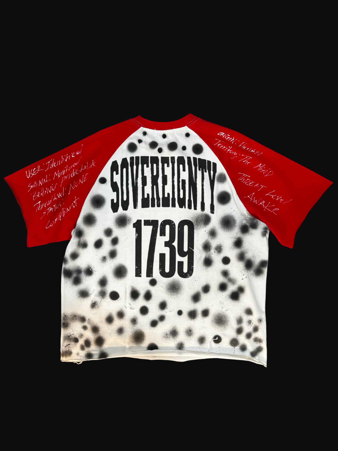ODD Artifact 020 Unseen Architecture Blood Treaty off-white crimson red raglan back flat lay — OBAY DI DREAM 1739 280 GSM 100% COTTON