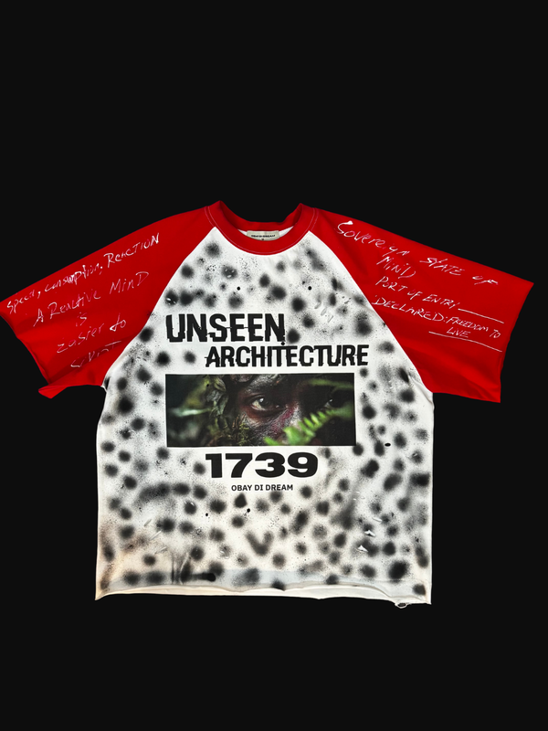ODD Artifact 020 Unseen Architecture Blood Treaty off-white crimson red raglan front flat lay — OBAY DI DREAM 1739 280GSM 100% Cotton.
