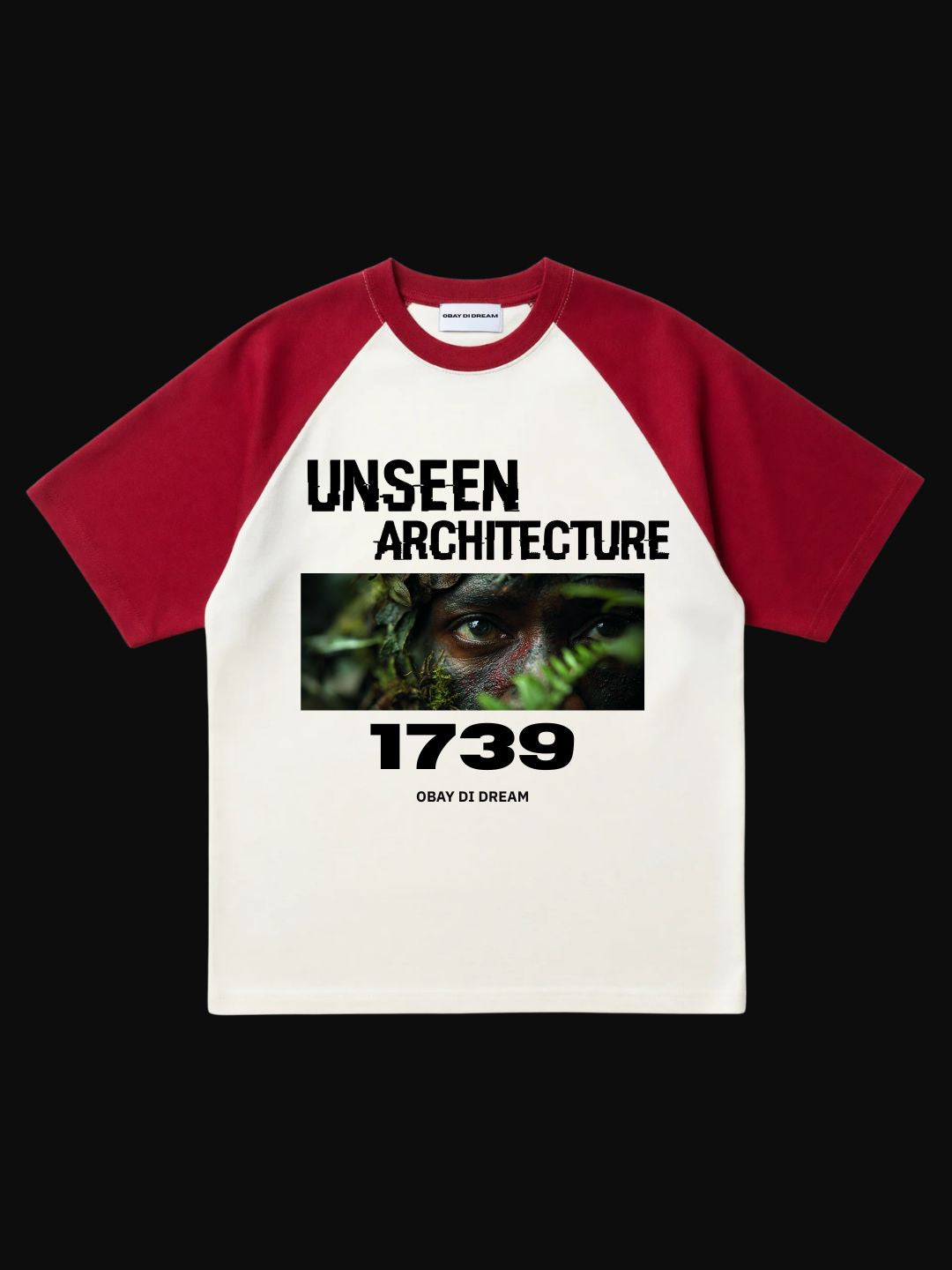 ODD Artifact 020 Unseen Architecture Blood Treaty off-white crimson red raglan front flat lay — OBAY DI DREAM 1739 280GSM 100% Cotton.