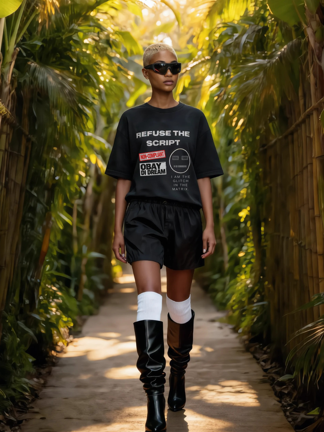 A model walking through a narrow bamboo corridor wearing OBAY DI DREAM  REFUSE THE SCRIPT OUTTER SHELL BLACK ARTIFACT. 