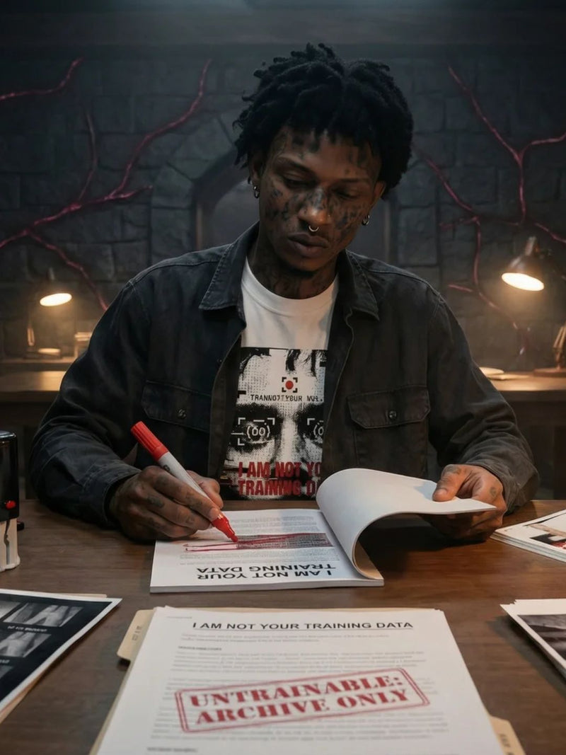 Ink Visionary the Archivist at work within the Lower Veins archive of Maroon City. He is marking physical logs with red markers among boxes of unvetted data, wearing a white 100% cotton artifact. A visual representation of authorship and the protection of the Sovereign Mind's original source code.