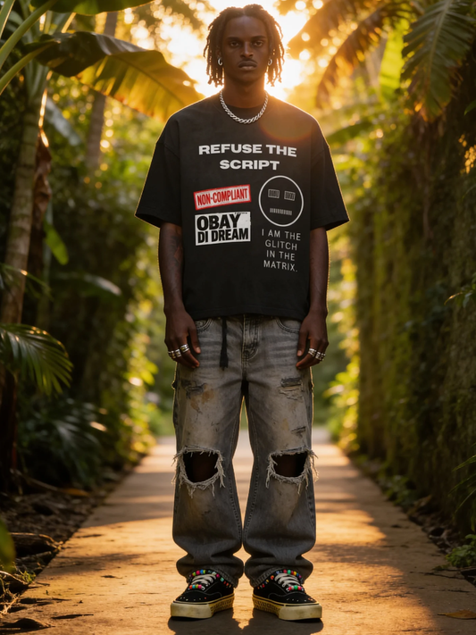 OBAY DI DREAM Refuse The Script Outer Shell Black — oversized acid washed black cotton jersey — ripped bleach washed denim — black canvas studded low profile footwear — bamboo corridor golden hour Brooklyn.