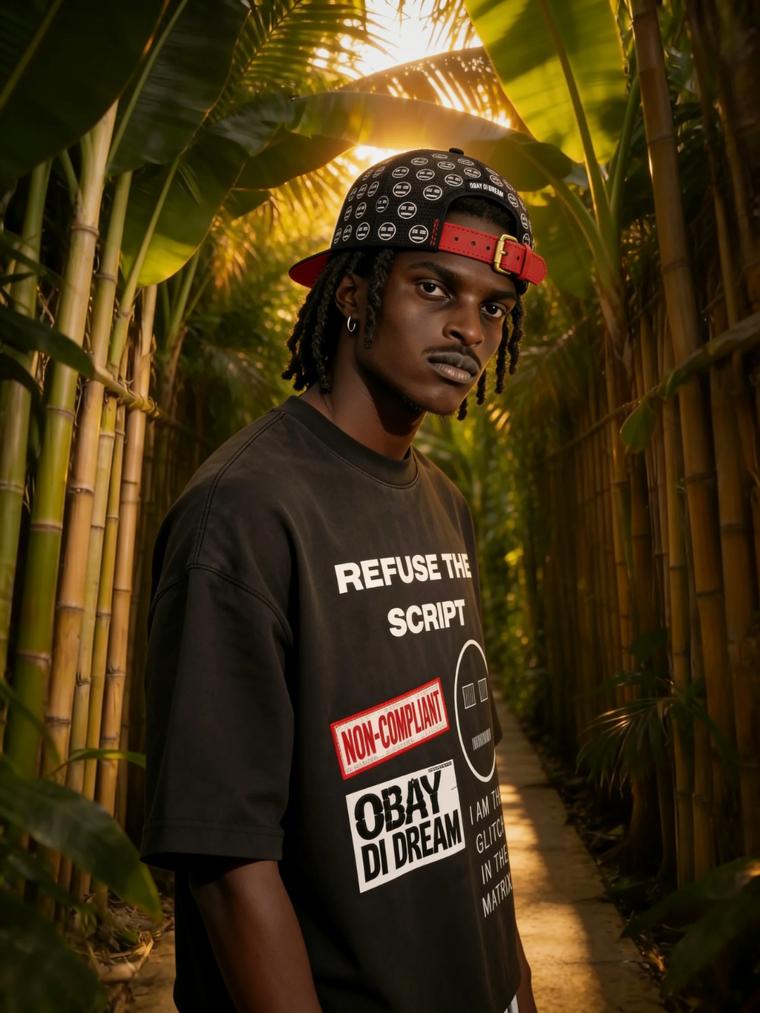 A model wearing the OBAY DI DREAM Refuse The Script Outer Shell Black — oversized acid washed black cotton jersey artifact and the OBAY DI DREAM MAROON SHELL Headwear standing in a bamboo corridor golden hour. 