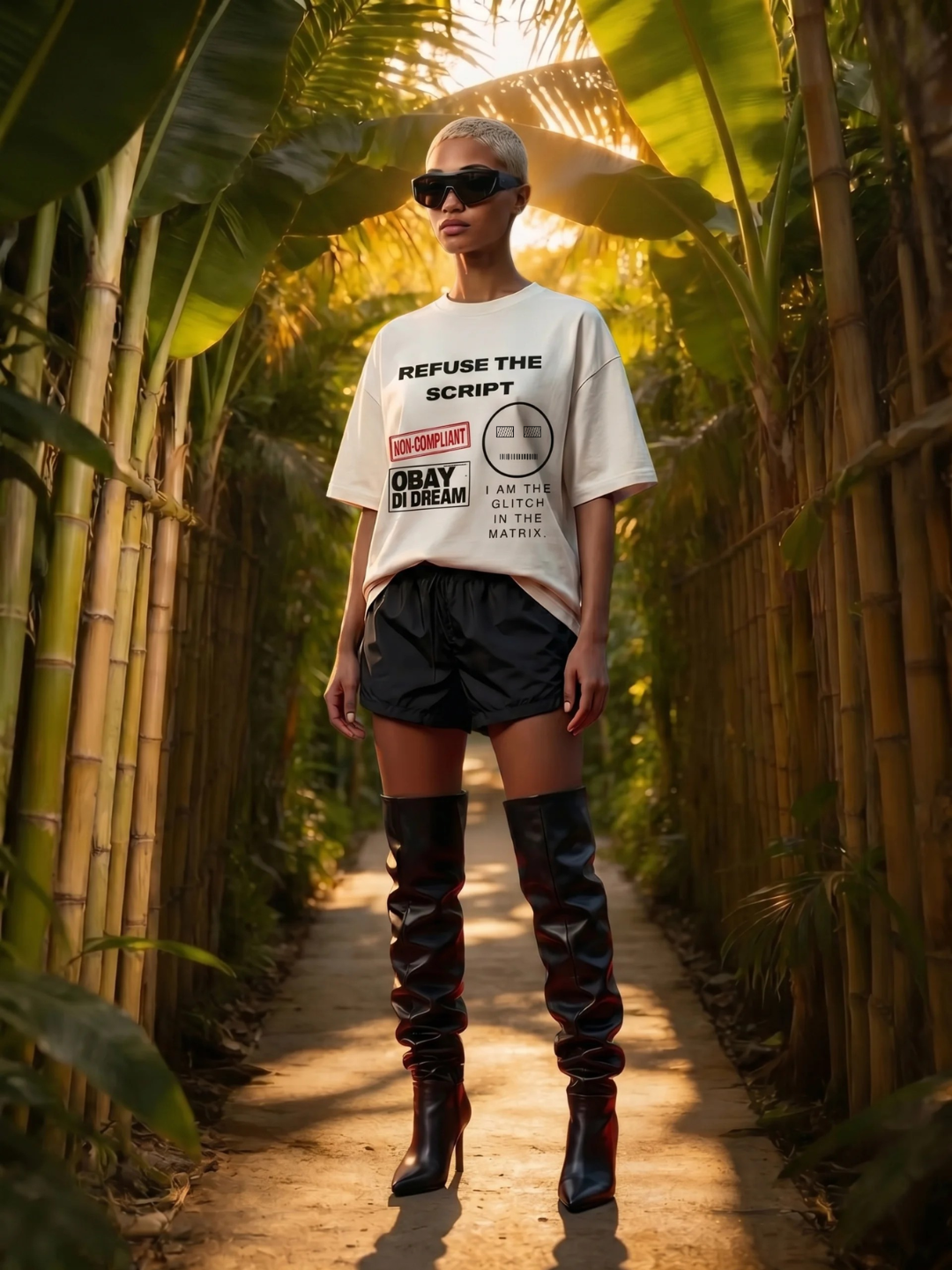 A model standing in a bamboo corridor golden hour  wearing the OBAY DI DREAM Refuse The Script Outer Shell Ghost— oversized acid washed black cotton artifact top. 