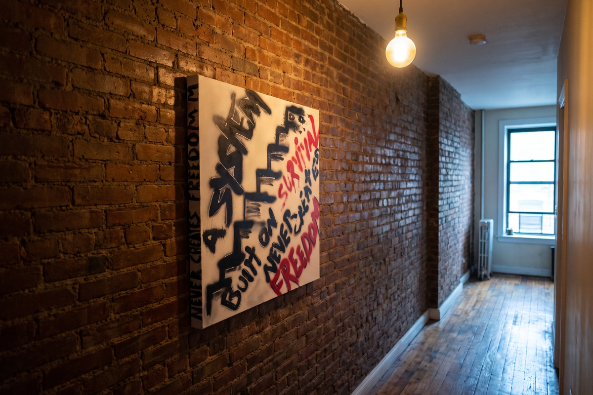 OBAY DI DREAM one-of-one "A System Built on Survival Never Creates Freedom" displayed on an exposed brick hallway wall under a hanging bulb.
