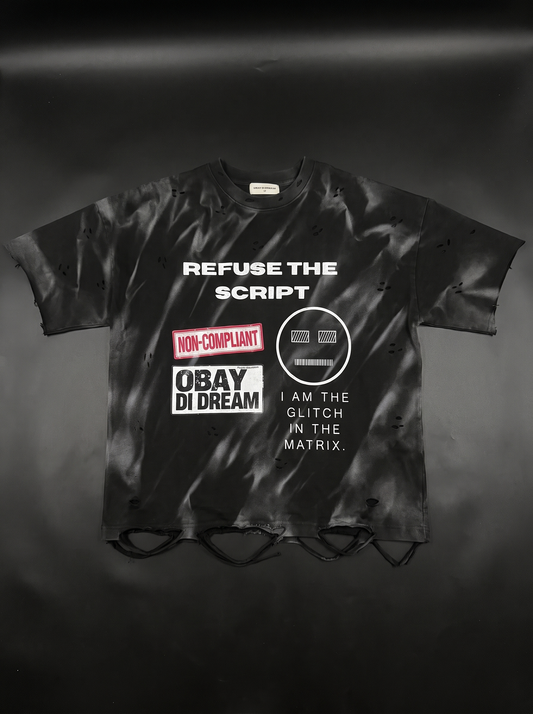 ODD Artifact 017 Refuse The Script outer shell black acid wash heavyweight cotton front flat lay — OBAY DI DREAM