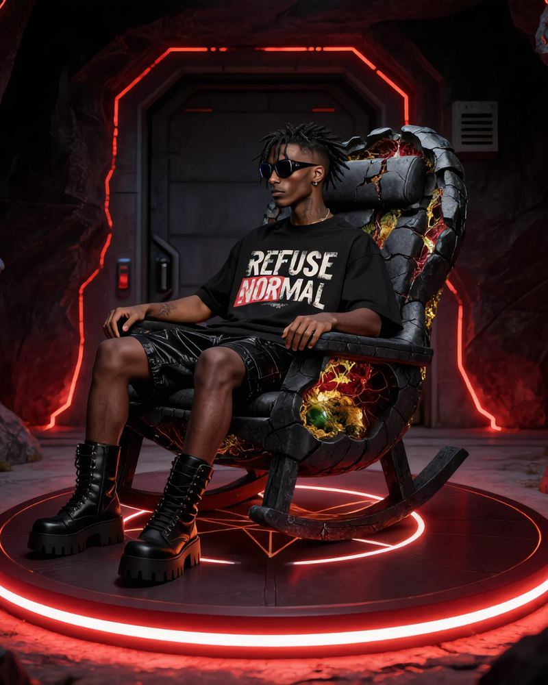Sovereign mind individual seated upright in the Rocking Artifact chair on a Maroon City cliffside signal ledge, wearing black wraparound sunglasses, a black REFUSE NORMAL oversized T-shirt, black waxed shorts, and heavy combat boots, lit by faint red Light Veins near a brutalist bunker door.