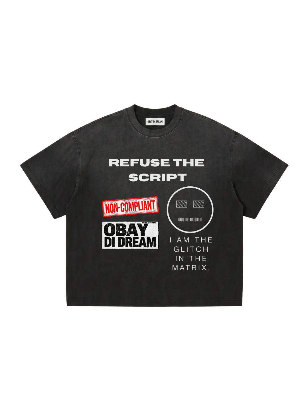 ODD Artifact 017 Refuse The Script outer shell black acid wash heavyweight cotton front flat lay — OBAY DI DREAM