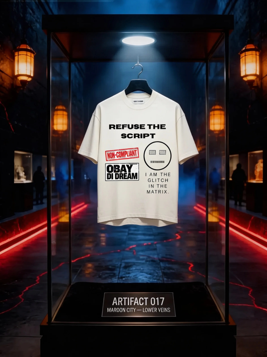 Off-white heavyweight cotton oversized crewneck, REFUSE THE SCRIPT black bold print, NON-COMPLIANT red stamp, face mark circle logo, OBAY DI DREAM block text, I AM THE GLITCH IN THE MATRIX stacked text, displayed in glass museum case inside Maroon City Lower Veins corridor, red light veins on wet black stone floor, amber lanterns, Artifact 018
