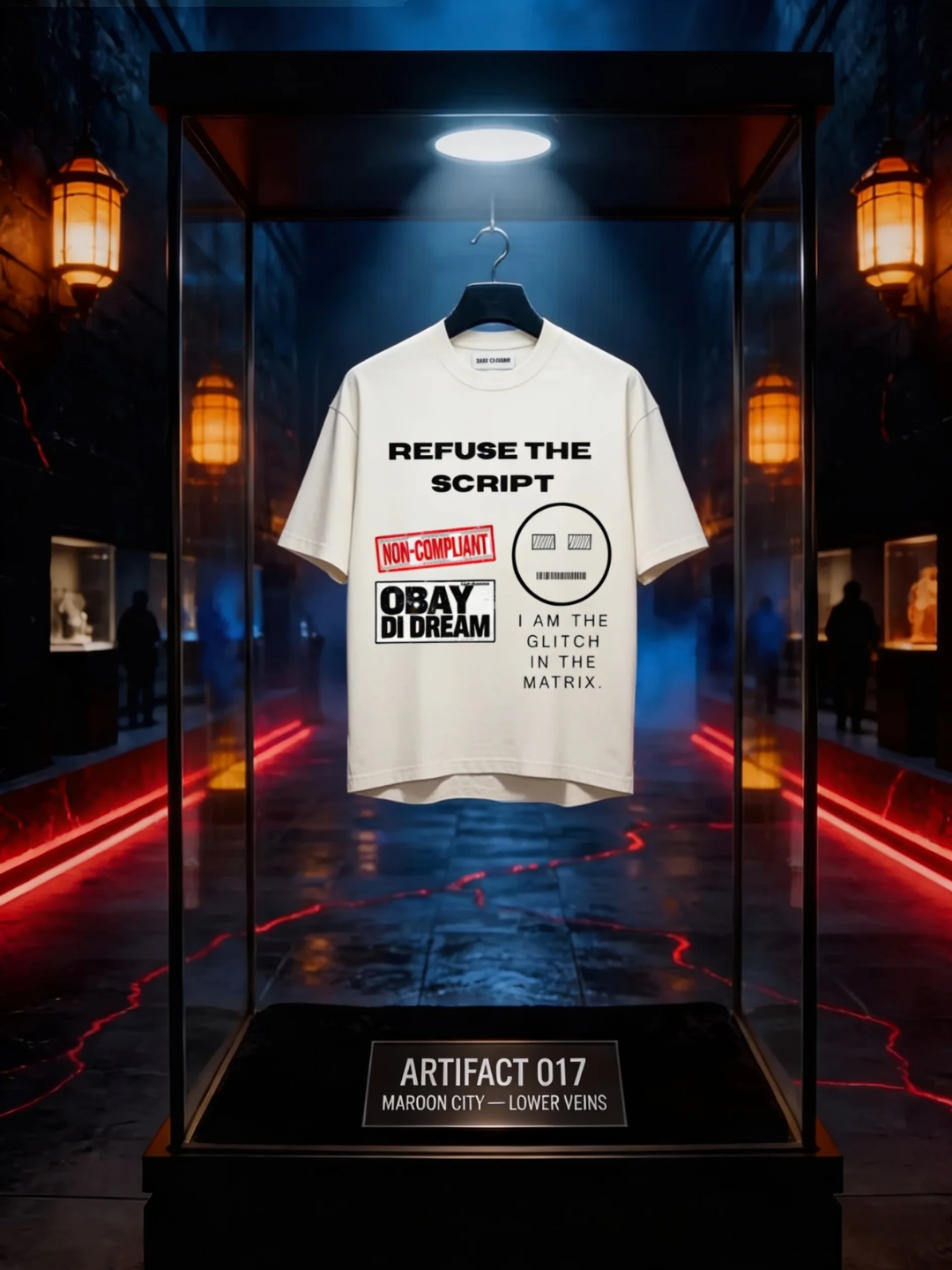 Off-white heavyweight cotton oversized crewneck, REFUSE THE SCRIPT black bold print, NON-COMPLIANT red stamp, face mark circle logo, OBAY DI DREAM block text, I AM THE GLITCH IN THE MATRIX stacked text, displayed in glass museum case inside Maroon City Lower Veins corridor, red light veins on wet black stone floor, amber lanterns, Artifact 018
