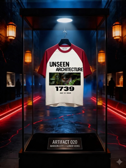 Off-white and deep red raglan sleeve heavyweight cotton oversized crewneck, UNSEEN ARCHITECTURE black distressed print, Maroon warrior eyes photograph, 1739 bold black numerals, OBAY DI DREAM small text, displayed in glass museum case inside Maroon City Lower Veins corridor, red light veins on wet black stone floor, amber lanterns, Artifact 020