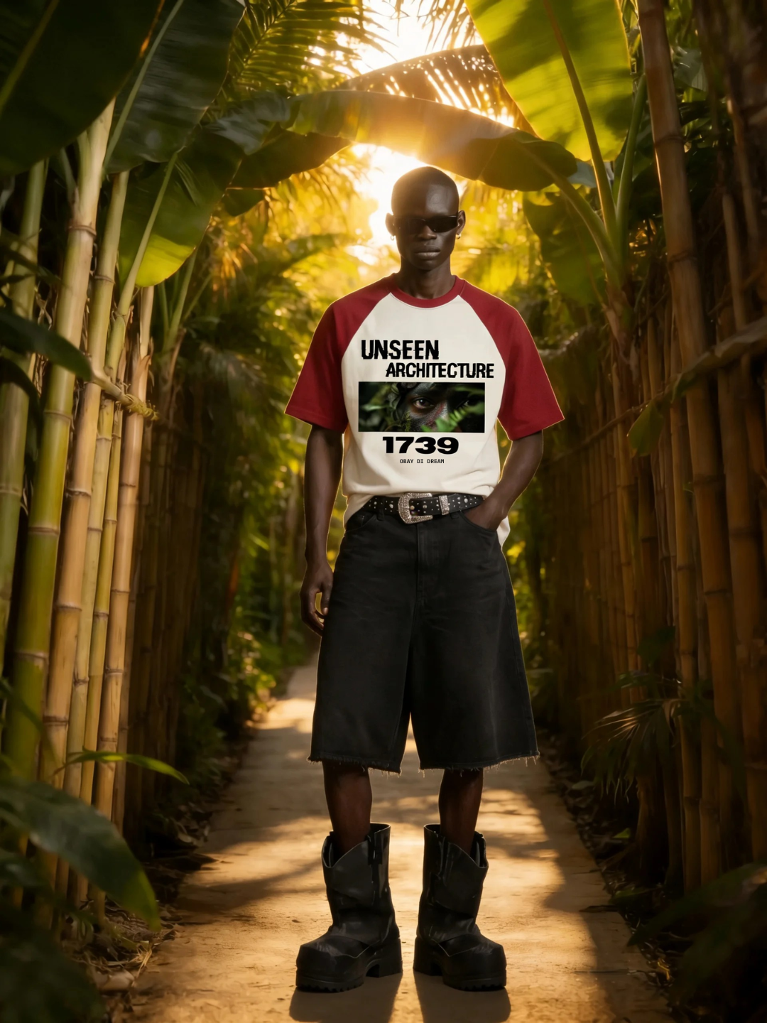 A model standing in a narow bamboo area wearing the OBAY DI DREAM UNSEEN ARCHITECTURE ARTIFACT 20. 100% COTTON JERSEY REGLAND BACK VIEW WITH THE WORD SOVEREIGNTY 1739.