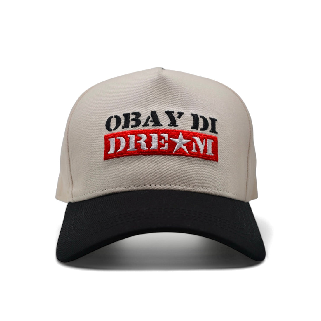 TRUCKER BASEBALL CAP BLACK AND WHITE WITH LOGO SAYS OBAY DI DREAM 3D EMBROIDERY SNAPBACK