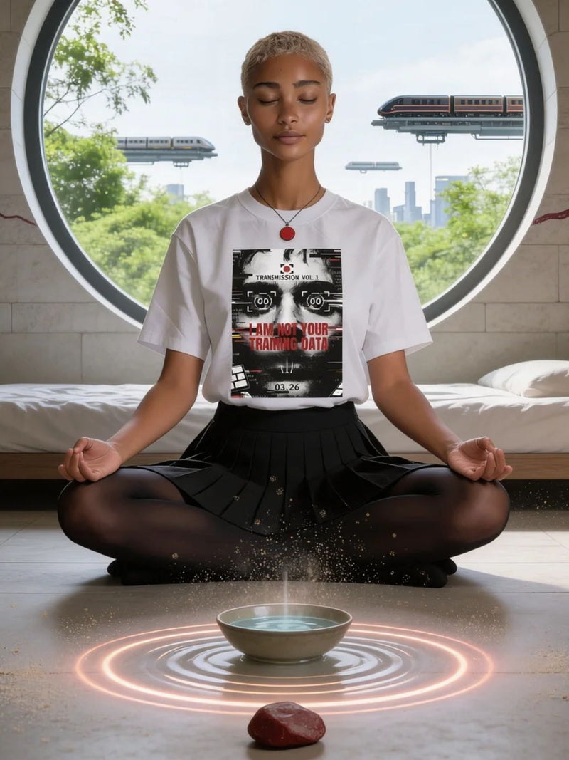 Ari the Signal Weaver in a state of meditation for the Sovereign Mind within a Maroon City sanctuary. She wears the 'I Am Not Your Training Data' artifact while synchronizing her internal frequency. Forest Spine trains are visible through the portal, representing the shift from noise to authorship.